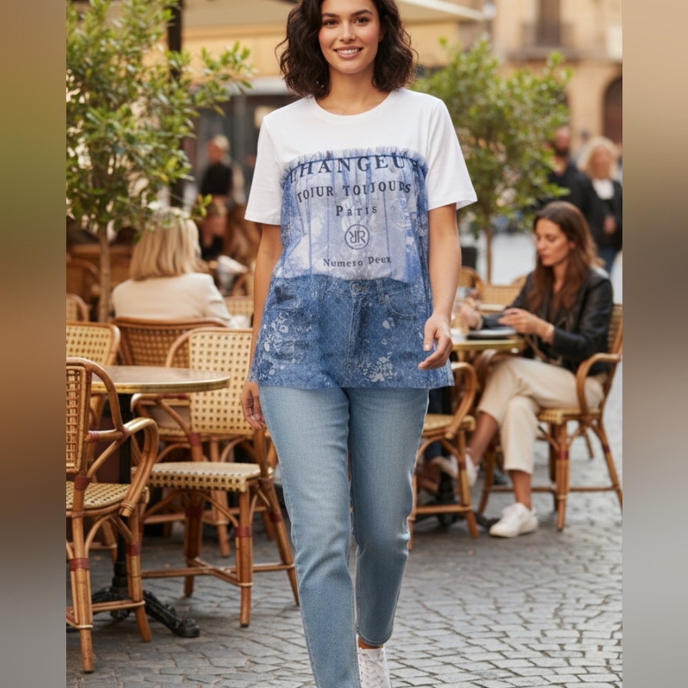 River Island NWT White Blue T-shirt Women's Size 14